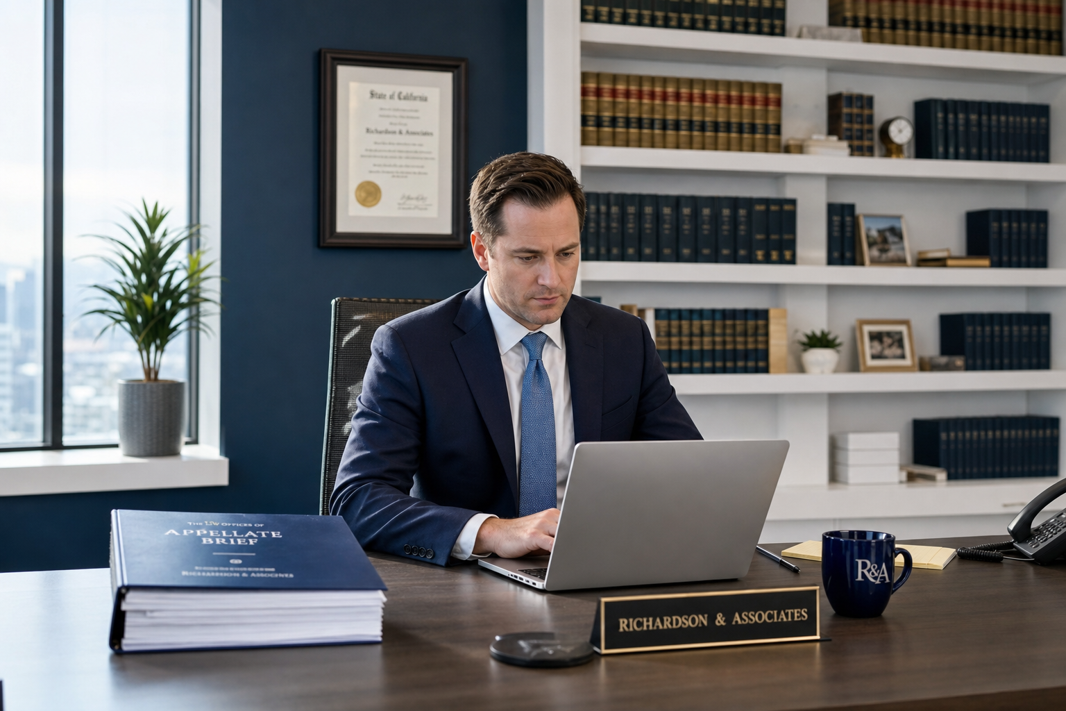 Attorney preparing legal brief at law office desk