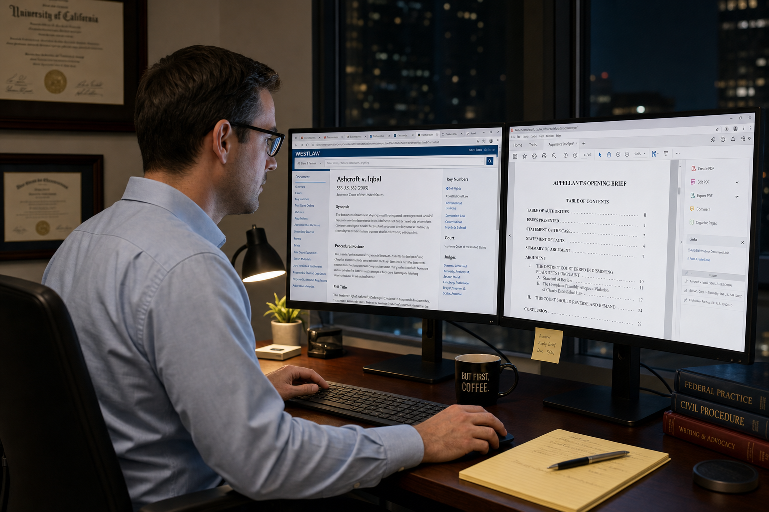 Legal professional building a hyperlinked eBrief on dual monitors