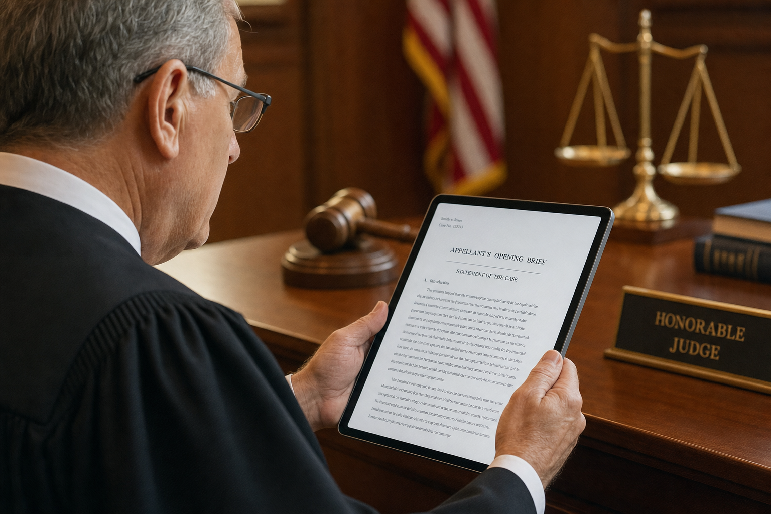 Judge reviewing interactive digital brief on iPad