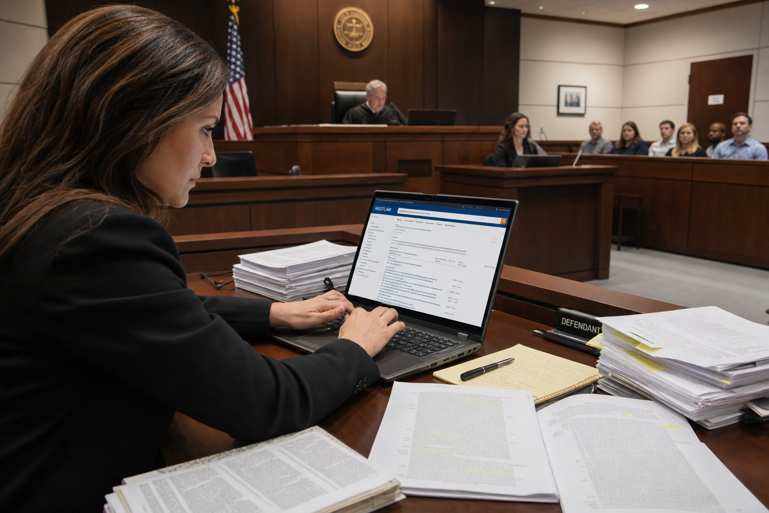Trial support specialist conducting real-time legal research in courtroom