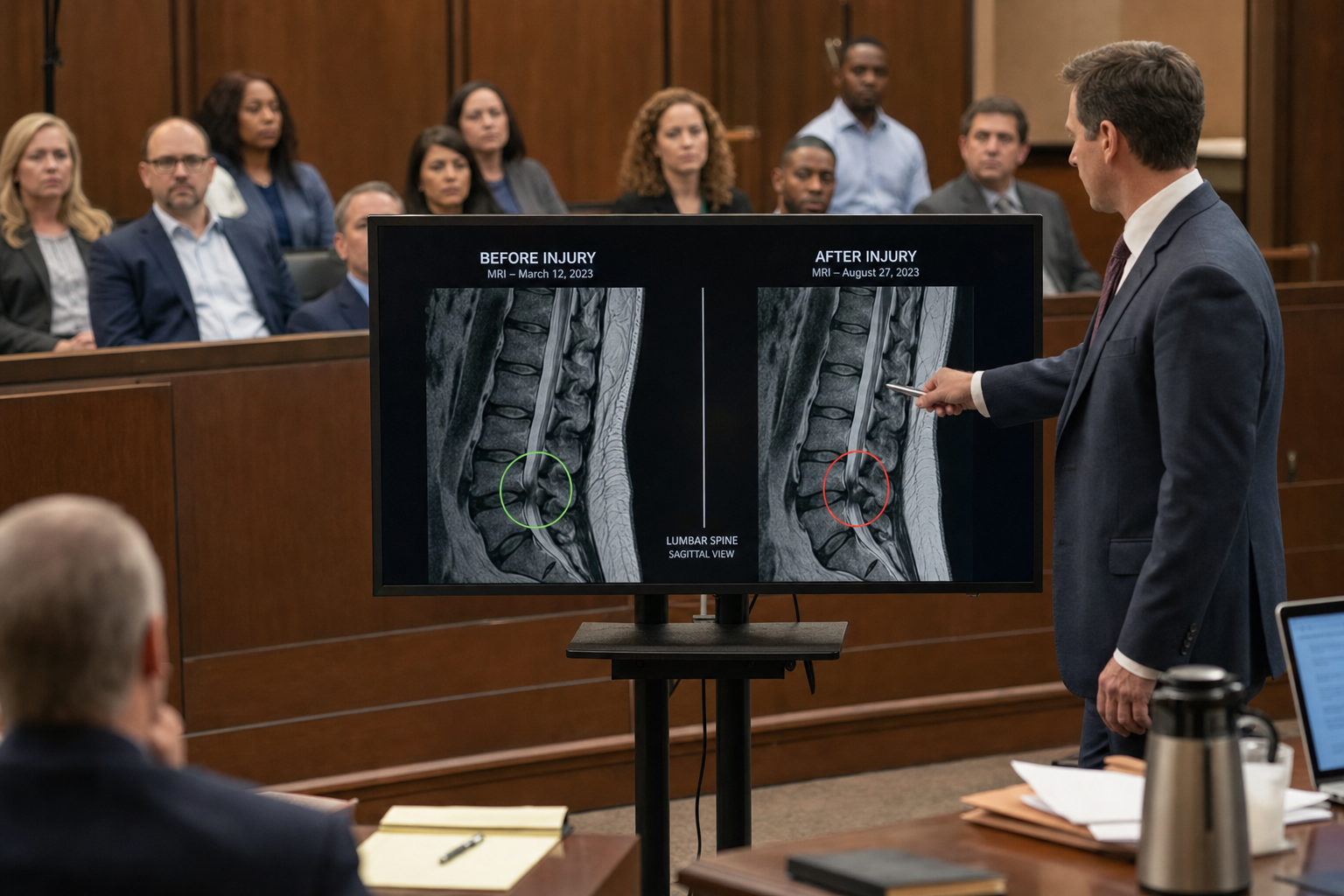 Attorney presenting split-screen evidence viewer to jury