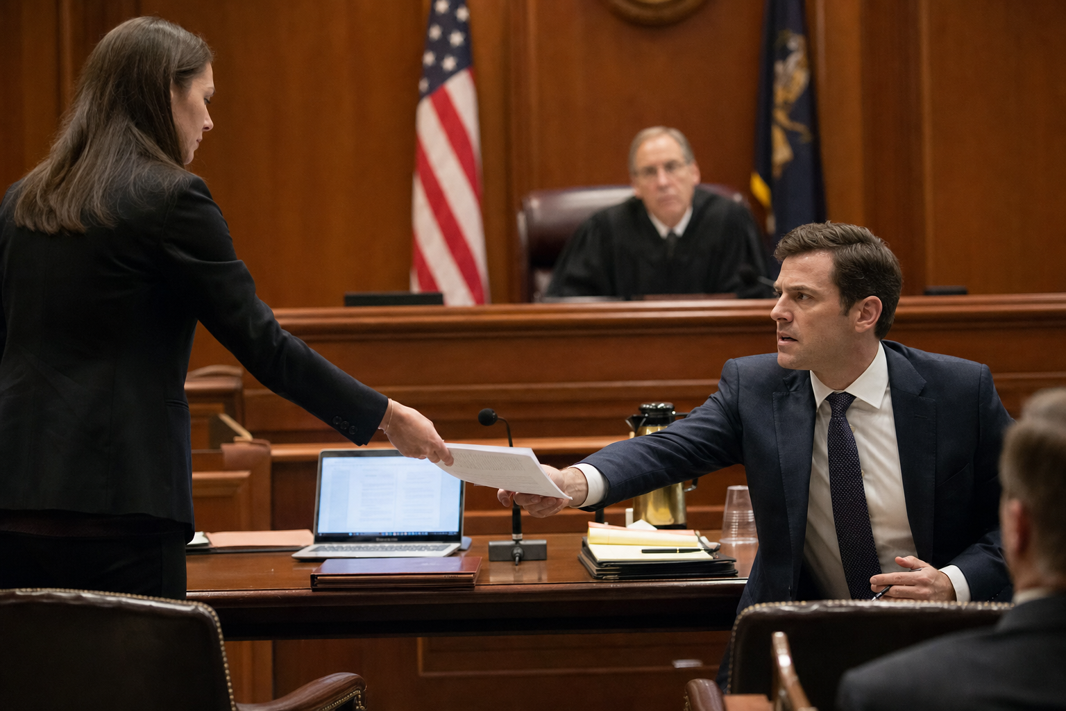 Trial support specialist handing in-trial brief to attorney
