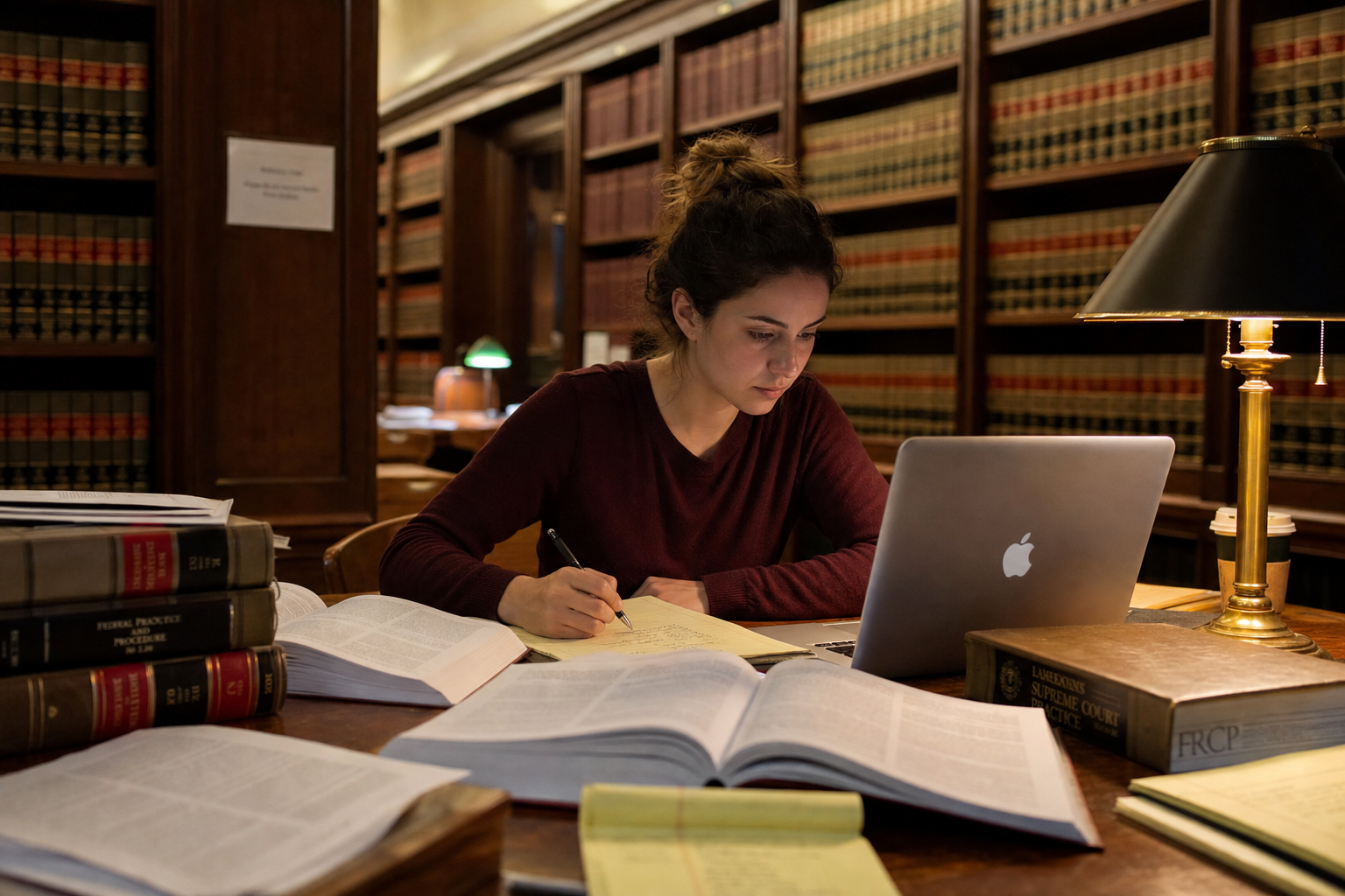 Legal researcher in law library preparing trial brief