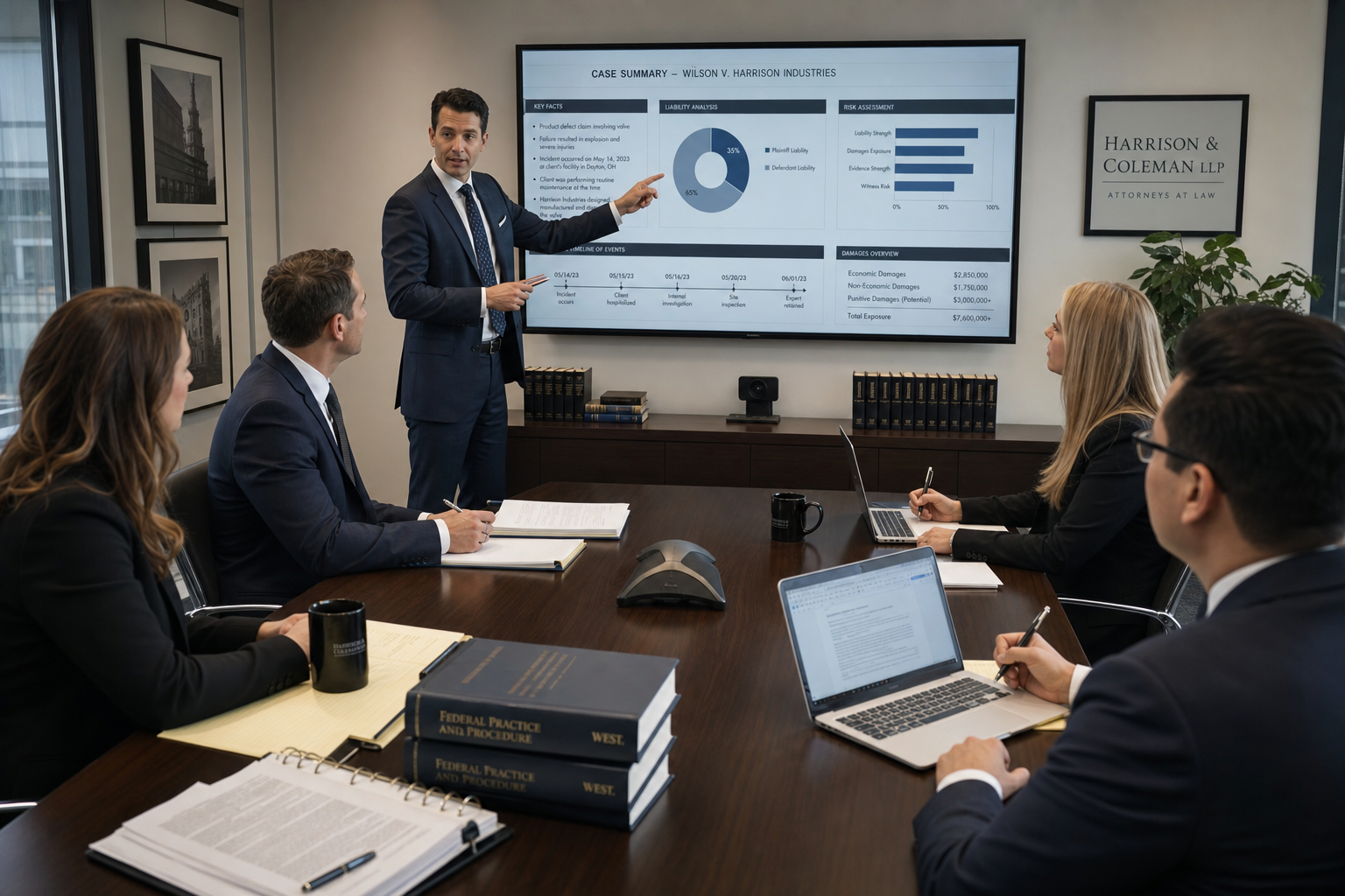 Legal team presenting pre-trial research strategy