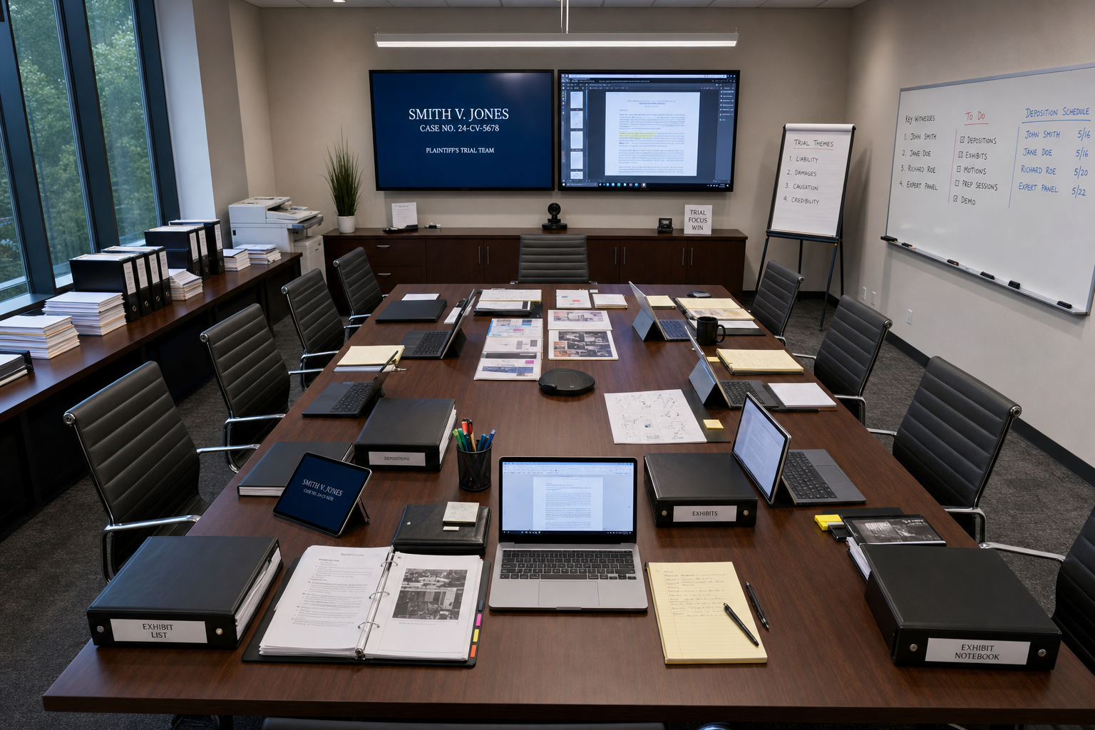 Trial war room — organized exhibits, case materials, and presentation technology