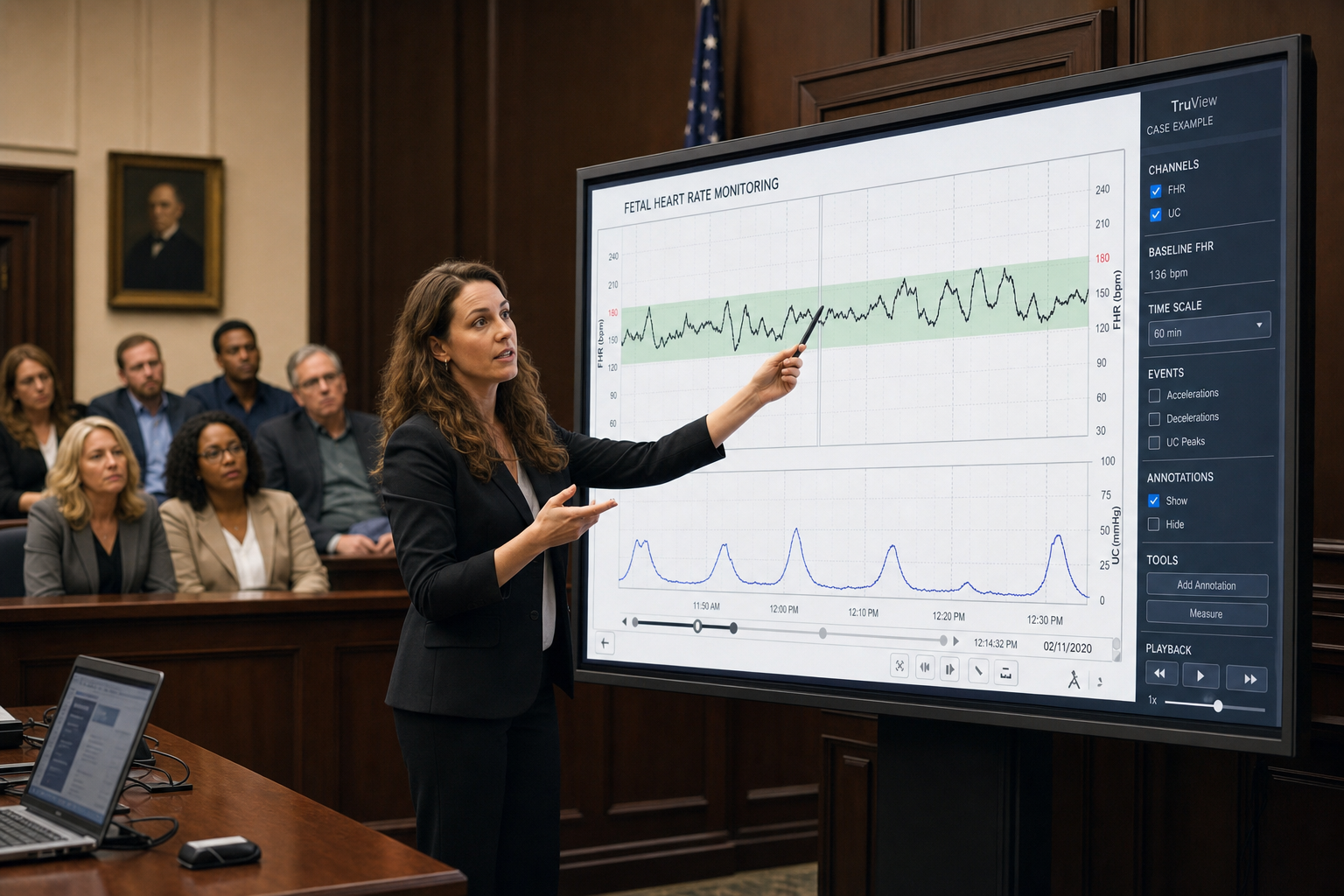 Attorney demonstrating fetal heart rate viewer to jury